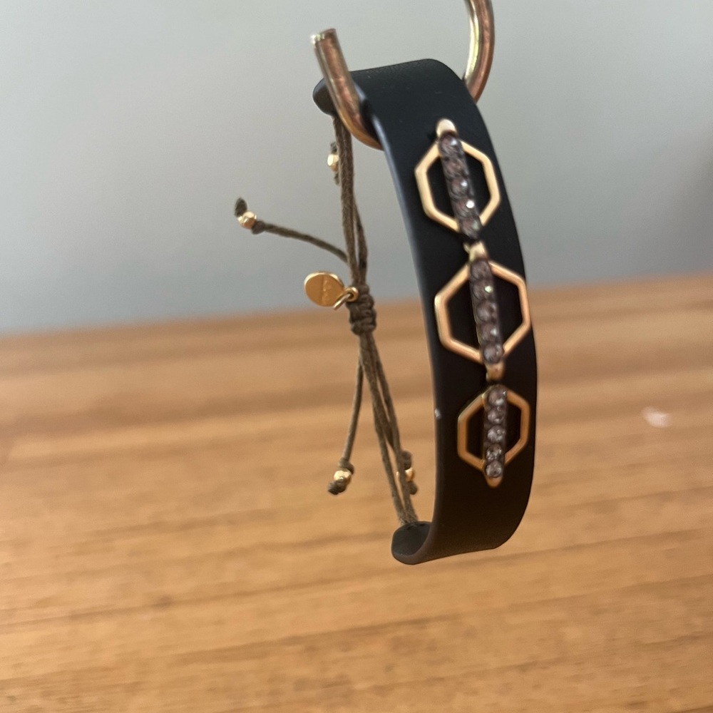 Stella and Dot Black Leather Crystal Adj signed Bracelet